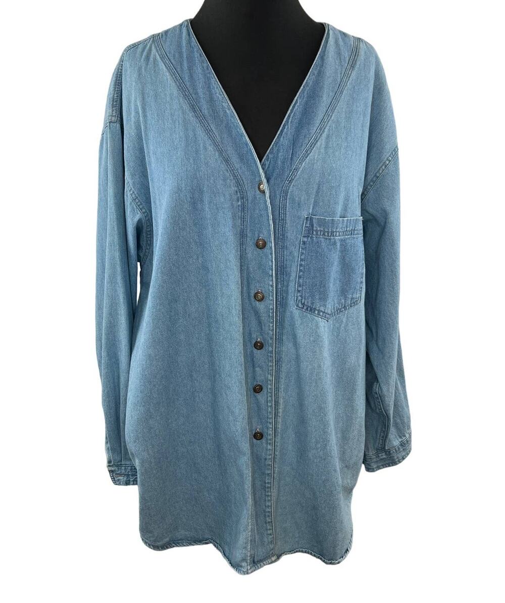 VTG Express Blue Denim Oversized Button-Up Shirt Shacket Jacket Vintage V-Neck L